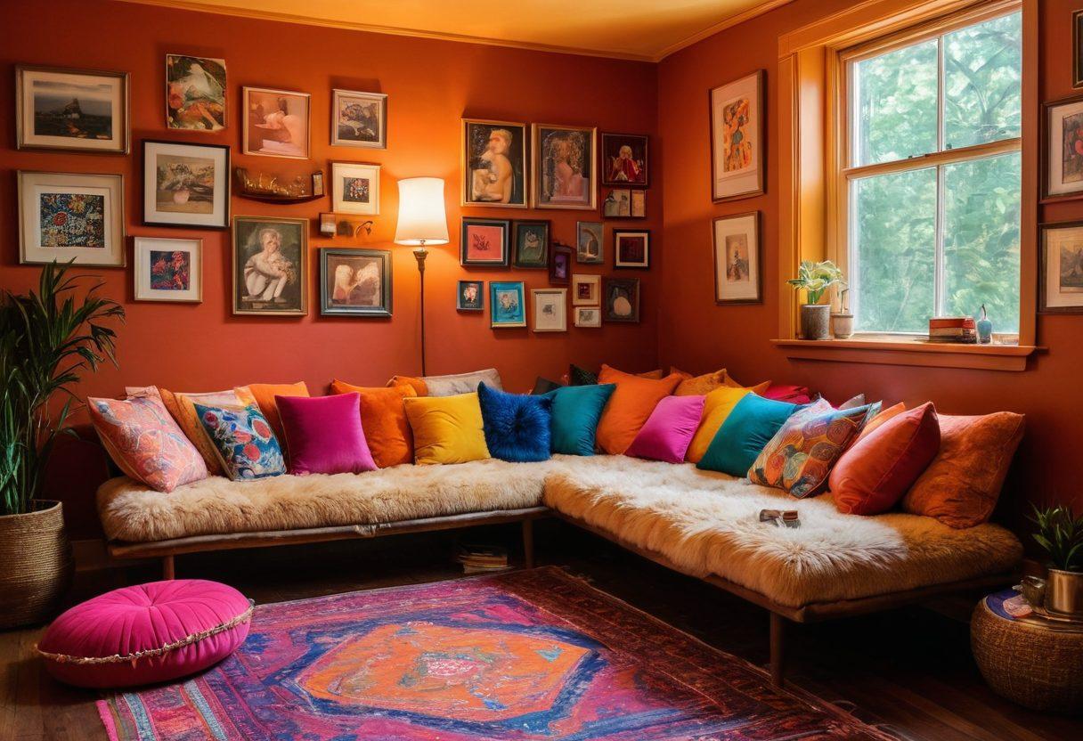 A vibrant and inviting space filled with open books and cozy seating, surrounded by playful erotic art pieces and colorful cushions. A diverse group of friends engages in an open discussion, laughing and sharing ideas about sexuality and relationships. Soft lighting casts a warm glow, creating an intimate atmosphere that celebrates sex positivity and exploration. whimsical and playful. warm tones. cozy atmosphere.