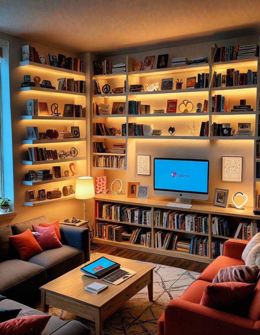 A serene and inviting living room setting with soft lighting, plush cushions, and an open laptop displaying a vibrant infographic on sexual education. A diverse group of people engaging in a friendly discussion, surrounded by books and artistic decor related to adult media. Subtle symbols of empowerment and knowledge, like the infinity sign and heart shapes, scattered around. The overall mood is warm and inclusive, conveying a sense of safety and openness. super-realistic. vibrant colors. cozy ambiance.